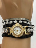 Black Double Wrap Bracelet White Crystals Watch