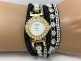 Black Double Wrap Bracelet White Crystals Watch