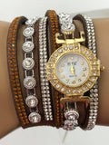 Brown Double Wrap Bracelet White Crystals Watch