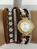 Brown Double Wrap Bracelet White Crystals Watch