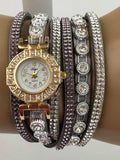Grey Double Wrap Bracelet White Crystals Watch