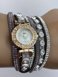 Grey Double Wrap Bracelet White Crystals Watch