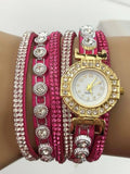Dk Pink Double Wrap Bracelet White Crystals Watch