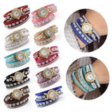 Black Double Wrap Bracelet White Crystals Watch