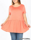 Plus Deep Coral Flowy Ruffle Bottom Tunic Tops