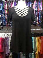 Black Criss-Cross Short Sleeve Tunic Tops