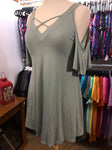 Blue Sage Crisscross Cold Shoulder Flutter Sleeve