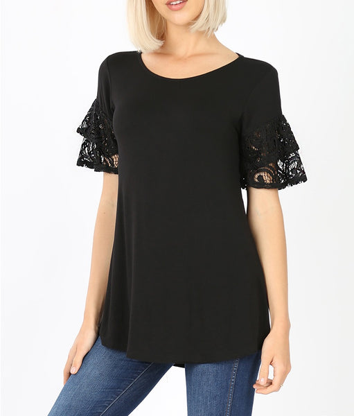 Plus Black 2 Tiered Lace Ruffle Sleeve Top