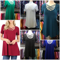 Cabernet Criss-Cross Short Sleeve Tunic Tops