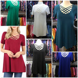 Teal Criss-Cross Short Sleeve Tunic Tops