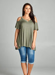 Olive Plus Crisscross Cold Shoulder Flutter Sleeve