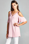 Pink Misses Crisscross Cold Shoulder Flutter Sleeve