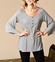 Henley Bell Sleeve Comfort Top in Black