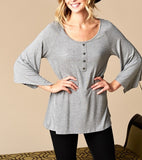 Henley Bell Sleeve Comfort Top in Heather Grey