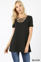 Black Criss-Cross Short Sleeve Tunic Tops