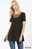 Black Criss-Cross Short Sleeve Tunic Tops