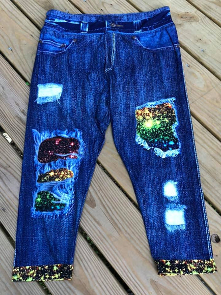 Rainbow Sparkle Denim Printed Leggings & Capri's