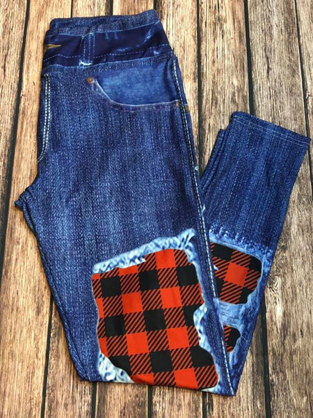 Red Buffalo Plaid Blue Denim Printed Custom Leggings