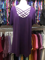 Dark Purple Criss-Cross Short Sleeve Tunic Tops