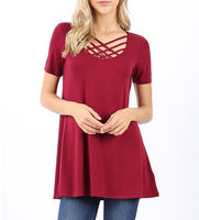 Cabernet Criss-Cross Short Sleeve Tunic Tops