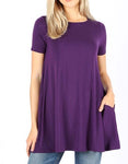 Plus Dark Purple Round Neck Tunic Pocket Tops