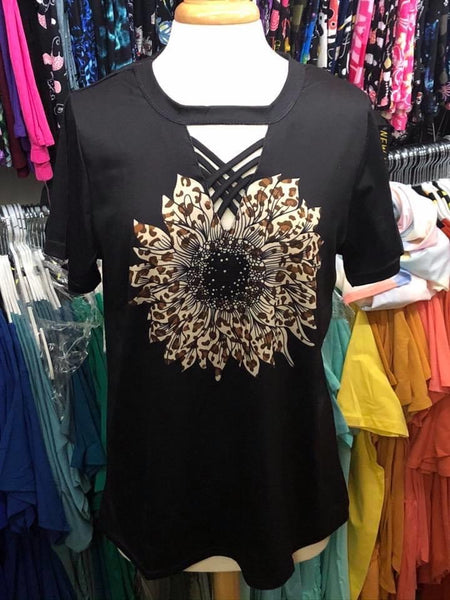 Black Crisscross Animal Sunflower Top