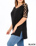 Black Lattice Sleeve Tops