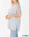 Plus Light Grey Lattice Sleeve Tops