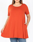 Plus Size Copper Round Neck Tunic Pocket Tops