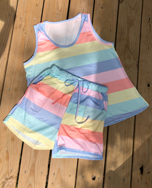 2 Pc Pastel Strips PJ Tank Short Set