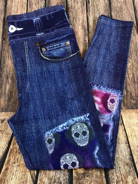 Skull Denim Printed Custom Leggings