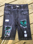 Green Butterfly Designer Denim Printed Biker Short