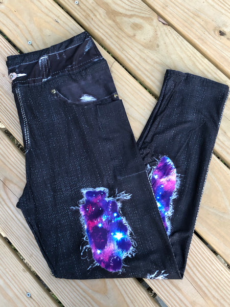 Purple Blue on Black Denim Printed Pocket - Custom Legging - Plus