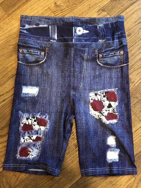 Red Roses OS Custom Designer Denim Printed Biker Short