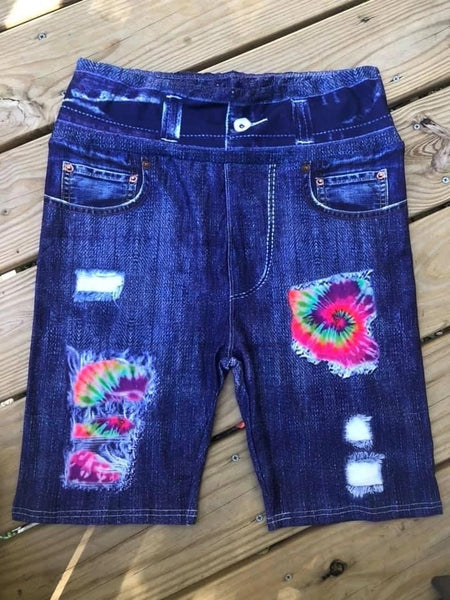 Rainbow Tie Dye OS Custom Designer Denim Printed Biker Short